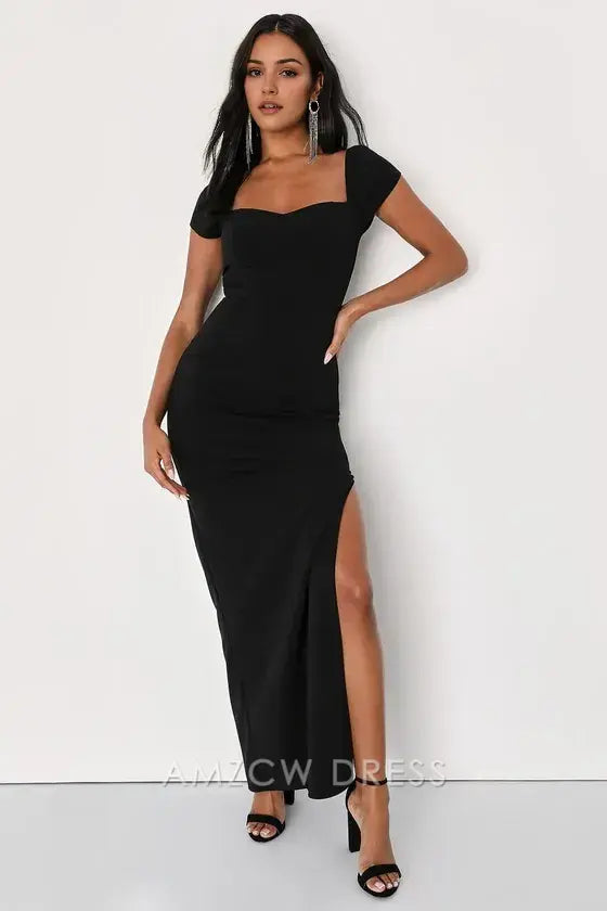 Vestido largo elegante de Amzcw con escote en V y mangas cortas en negro para invitada, ideal para ocasiones formales 