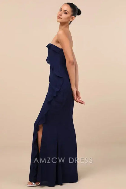 Vestido largo elegante con volantes y sin tirantes azul marino de Amzcw, excelente sensación, vestidos formales 