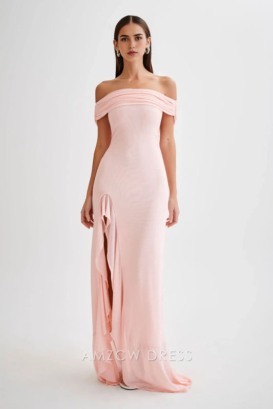 Amzcw Elegant Eye - Catching Off - Shoulder Gown: Ruffled Slit & Cutout Back Design Party wear