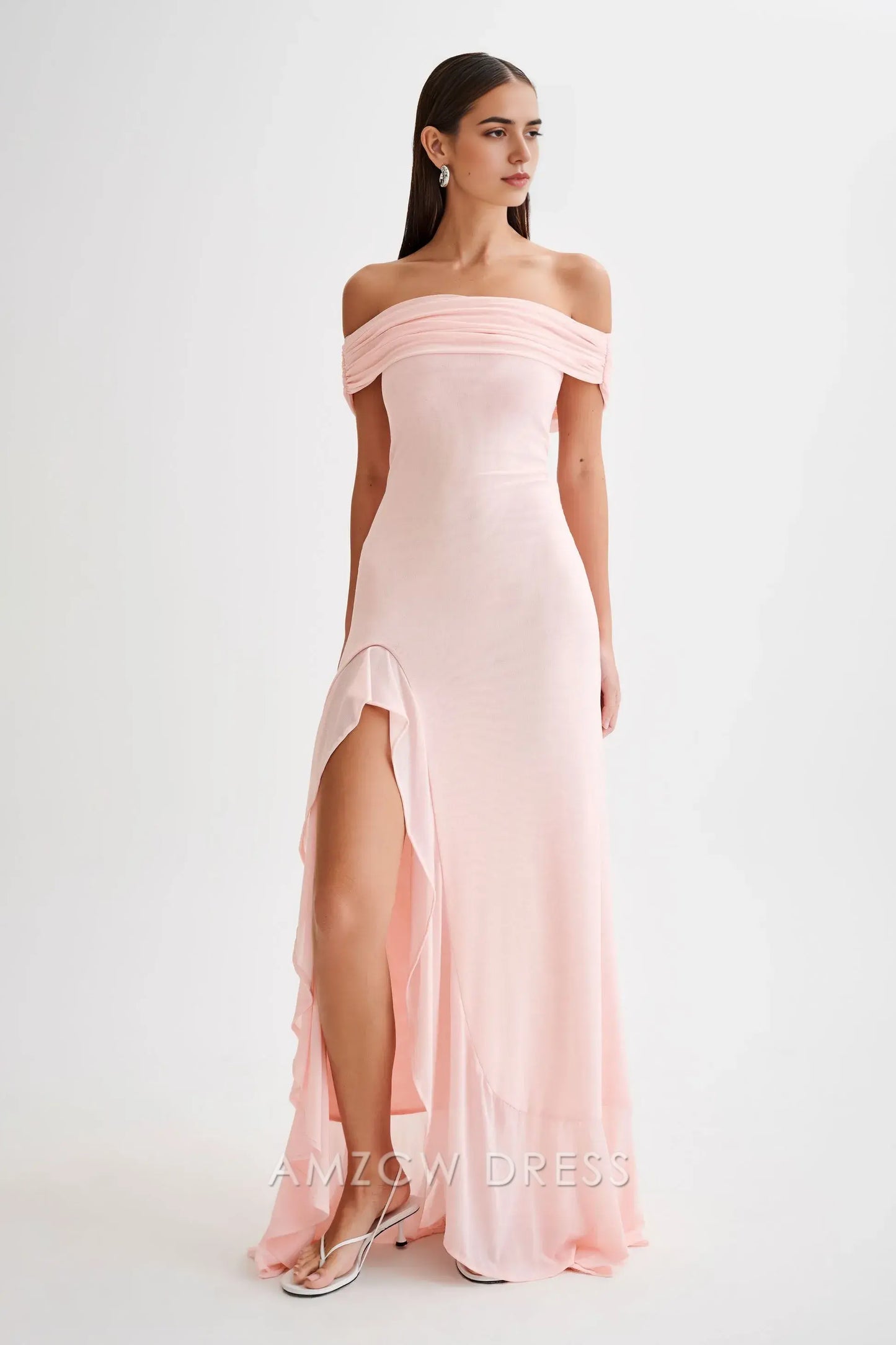 Amzcw Elegant Eye - Catching Off - Shoulder Gown: Ruffled Slit & Cutout Back Design Party wear