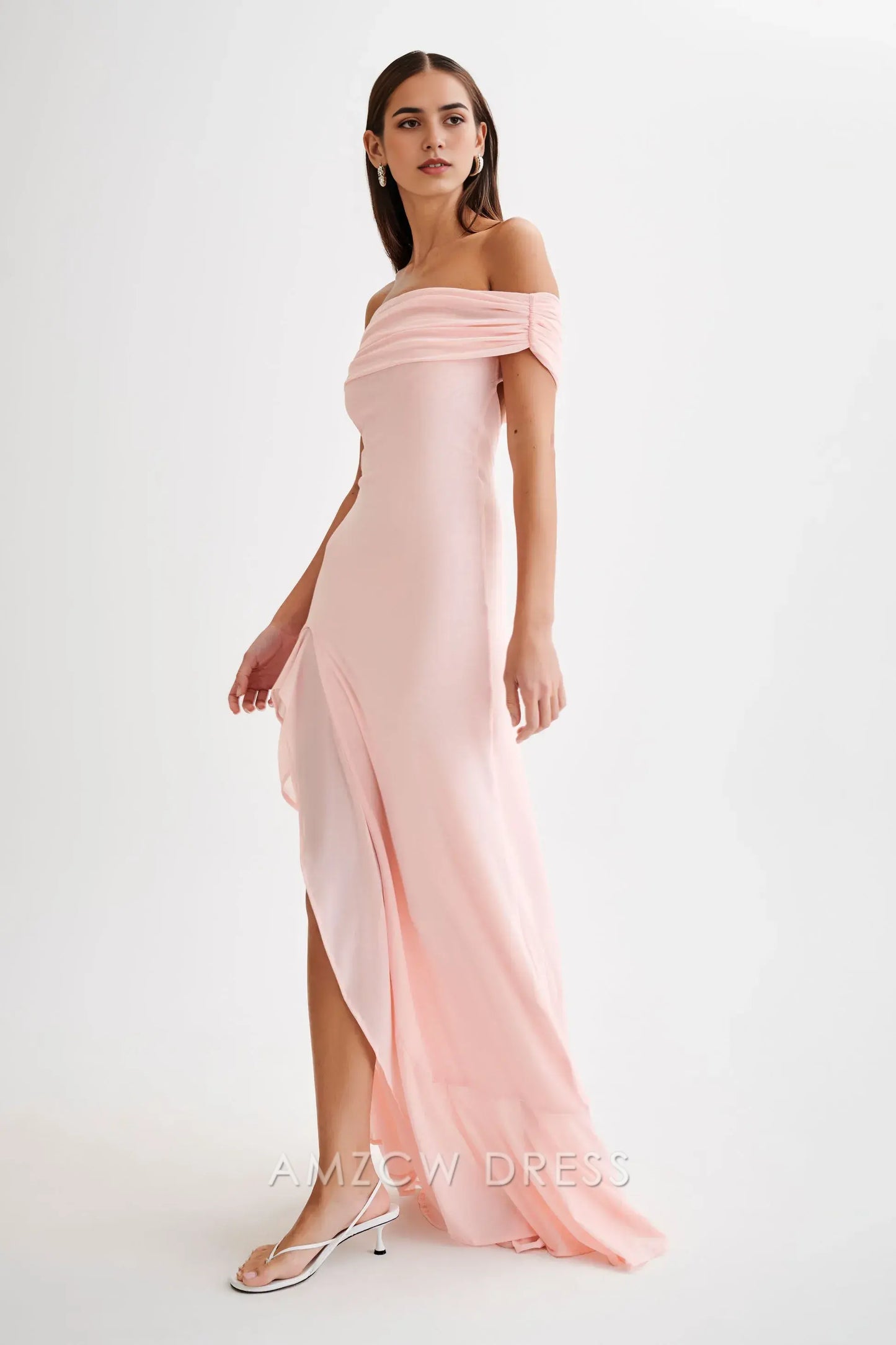 Amzcw Elegant Eye - Catching Off - Shoulder Gown: Ruffled Slit & Cutout Back Design Party wear