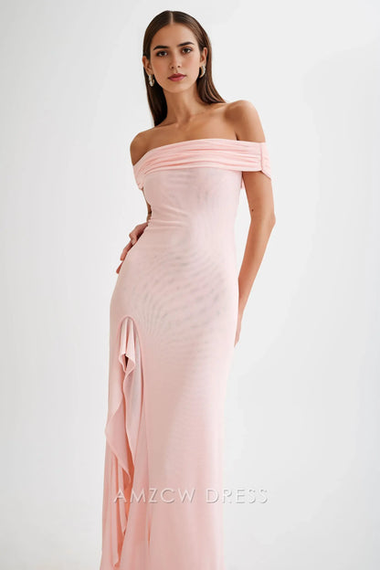 Amzcw Elegant Eye - Catching Off - Shoulder Gown: Ruffled Slit & Cutout Back Design Party wear