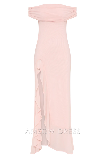 Amzcw Elegant Eye - Catching Off - Shoulder Gown: Ruffled Slit & Cutout Back Design Party wear