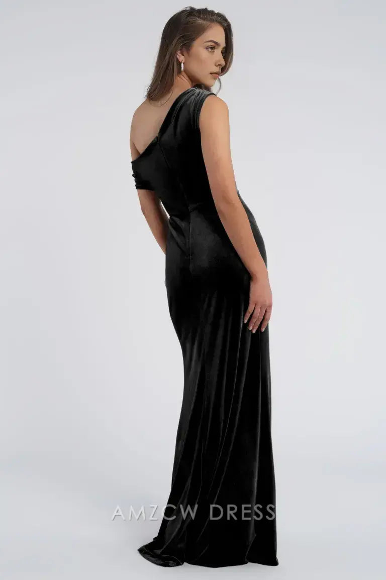 Elegante y glamoroso vestido de noche de terciopelo negro con un solo hombro de Amzcw, vestidos formales para mujer 