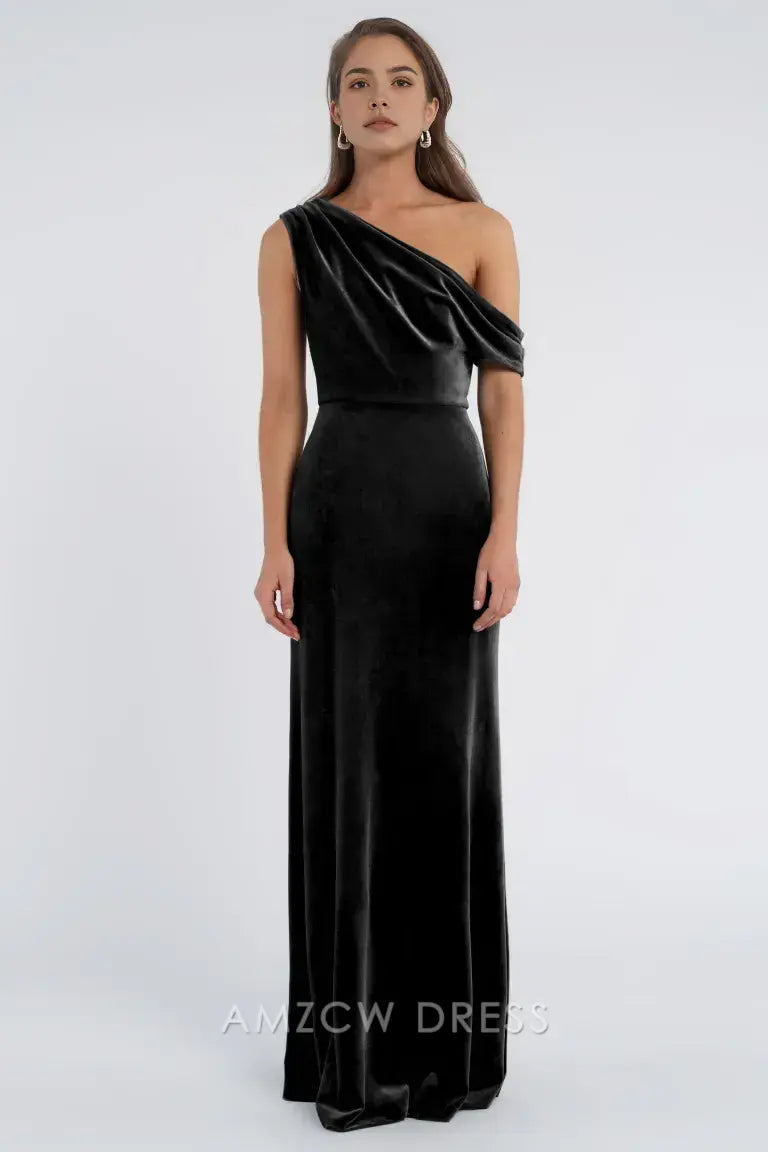Elegante y glamoroso vestido de noche de terciopelo negro con un solo hombro de Amzcw, vestidos formales para mujer 