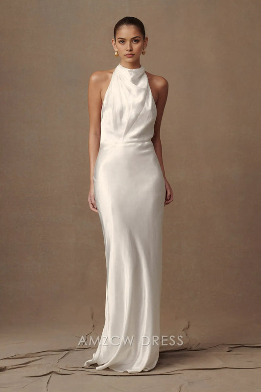 Amzcw Elegant Halter - Neck White Dress: Perfect for Prom Nights Party wear