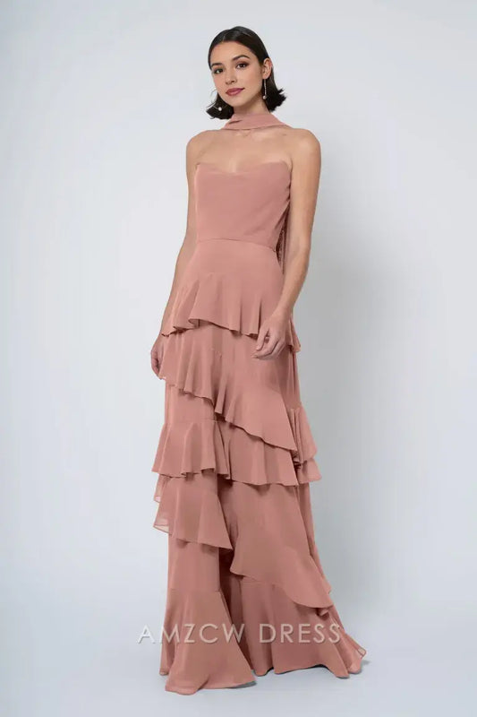 Amzcw Elegant Halter Neckline Ruffled Tiered Gown: Romantic Whimsy formal wear dresses