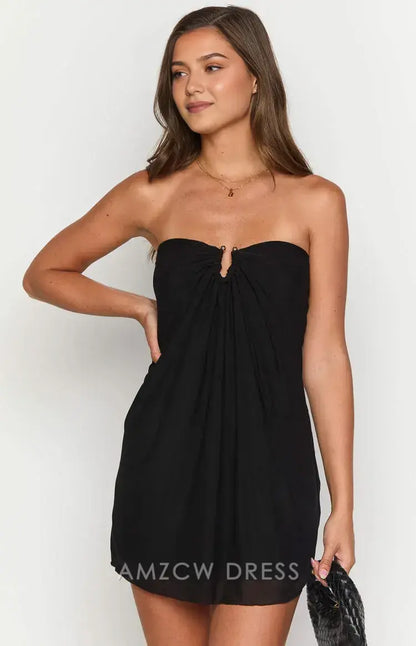 Amzcw Elegant Homecoming Dresses A-Line Black Strapless Mini Dress short hot sale for women