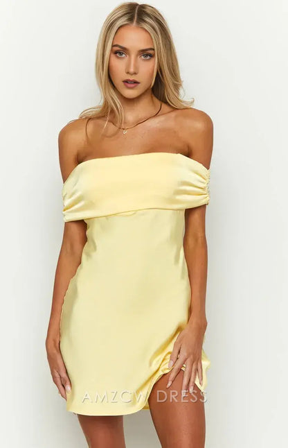 Amzcw Elegant Homecoming Dresses A-Line Primrose Yellow Satin Off the Shoulder Mini Dress short hot sale for women