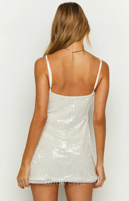 Amzcw Elegant Homecoming Dresses A-Line White Sequin Mini Dress short hot sale for women ﻿