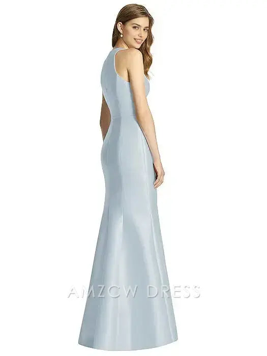 Vestido elegante azul claro Amzcw de cuello alto, sin mangas, con abertura alta, vestido de noche largo, vestidos formales 