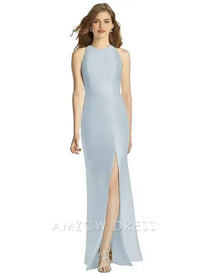 Vestido elegante azul claro Amzcw de cuello alto, sin mangas, con abertura alta, vestido de noche largo, vestidos formales 