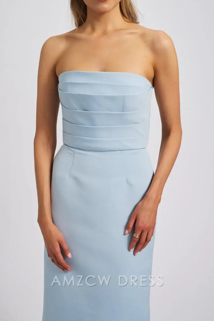 Vestido elegante azul claro sin tirantes Amzcw - Vestido de noche largo minimalista con corte tubo - Vestidos formales 