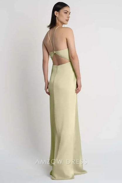Amzcw - Elegante vestido halter de satén verde claro - Vestido largo ajustado con abertura alta - Vestidos formales 