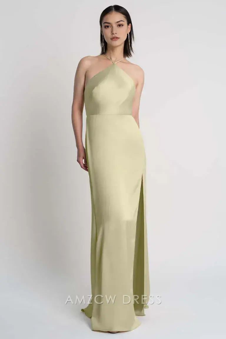 Amzcw - Elegante vestido halter de satén verde claro - Vestido largo ajustado con abertura alta - Vestidos formales 
