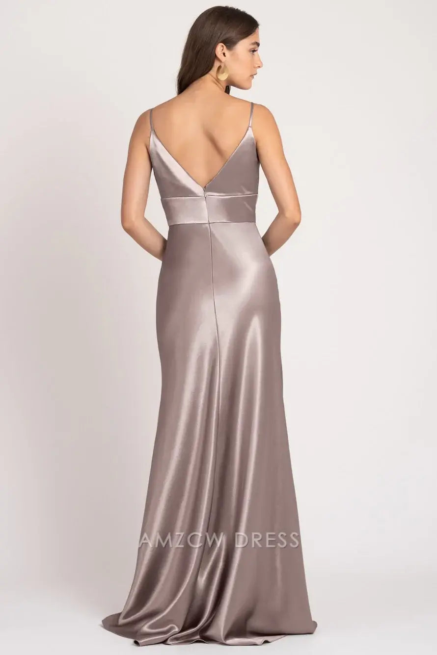 Vestido elegante Amzcw de satén gris claro con escote en V profundo y tirantes finos, vestido largo ajustado, vestidos formales 