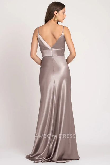 Vestido elegante Amzcw de satén gris claro con escote en V profundo y tirantes finos, vestido largo ajustado, vestidos formales 