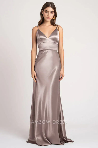 Vestido elegante Amzcw de satén gris claro con escote en V profundo y tirantes finos, vestido largo ajustado, vestidos formales 