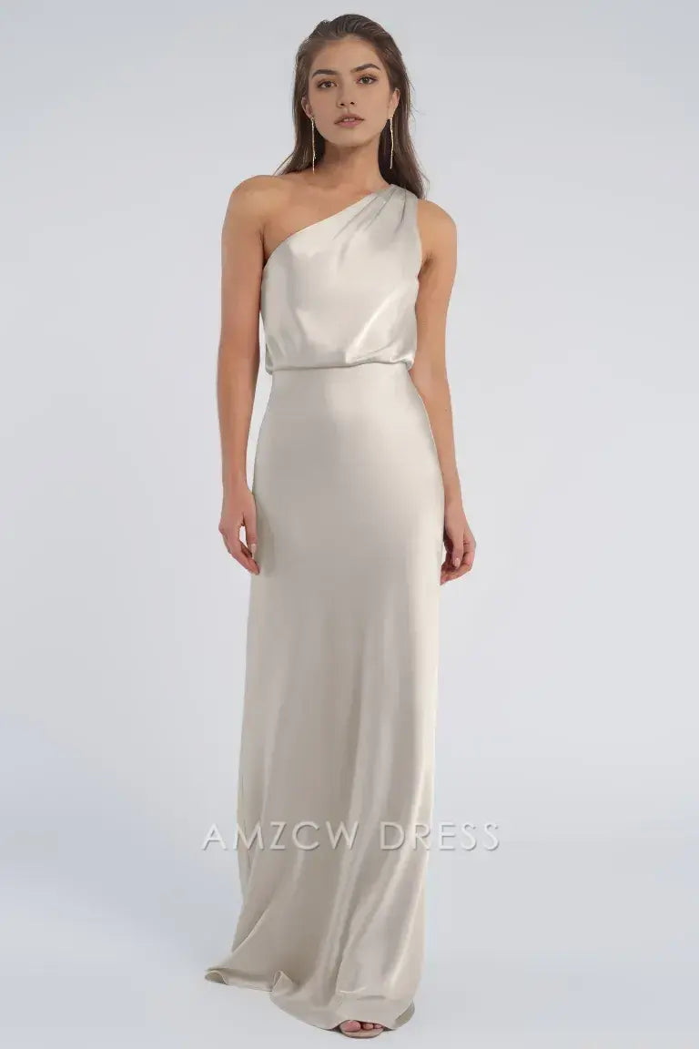 Vestido elegante de satén gris claro de Amzcw con un solo hombro - Vestido largo ajustado - Vestidos formales 