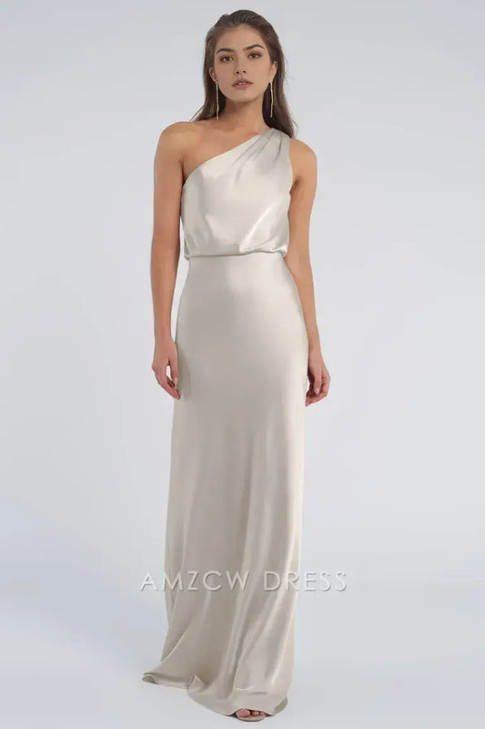 Vestido elegante de satén gris claro de Amzcw con un solo hombro - Vestido largo ajustado - Vestidos formales 