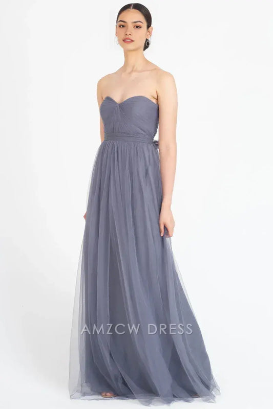 Amzcw - Elegante vestido de tul gris claro sin tirantes, escote corazón, cintura alta, vestido largo fluido, vestidos formales 