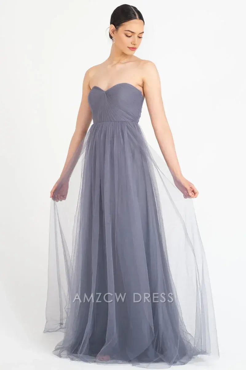 Amzcw - Elegante vestido de tul gris claro sin tirantes, escote corazón, cintura alta, vestido largo fluido, vestidos formales 