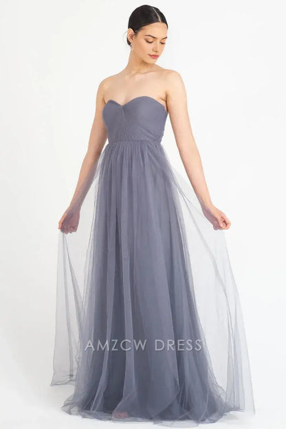 Amzcw - Elegante vestido de tul gris claro sin tirantes, escote corazón, cintura alta, vestido largo fluido, vestidos formales 