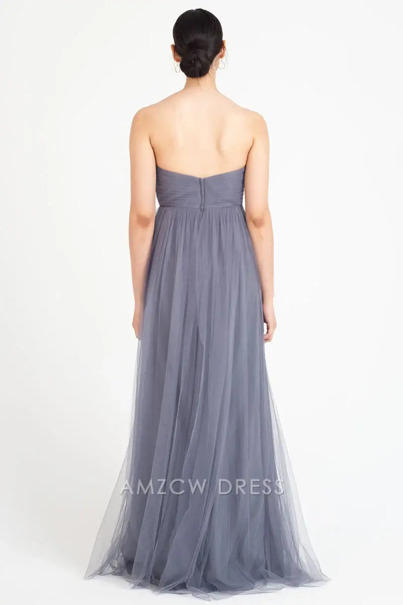 Amzcw - Elegante vestido de tul gris claro sin tirantes, escote corazón, cintura alta, vestido largo fluido, vestidos formales 