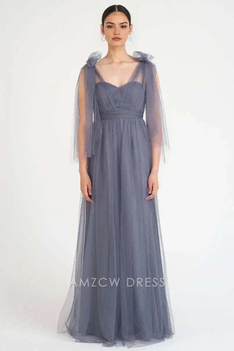Amzcw - Elegante vestido de tul gris claro sin tirantes, escote corazón, cintura alta, vestido largo fluido, vestidos formales 