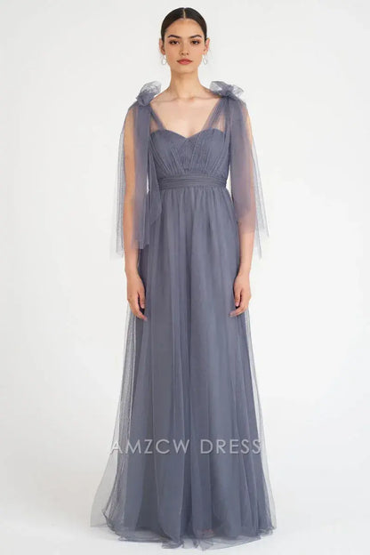 Amzcw - Elegante vestido de tul gris claro sin tirantes, escote corazón, cintura alta, vestido largo fluido, vestidos formales 