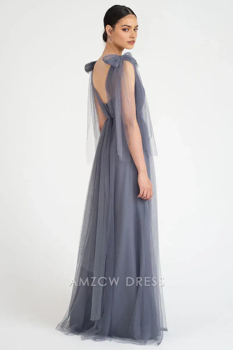 Amzcw - Elegante vestido de tul gris claro sin tirantes, escote corazón, cintura alta, vestido largo fluido, vestidos formales 