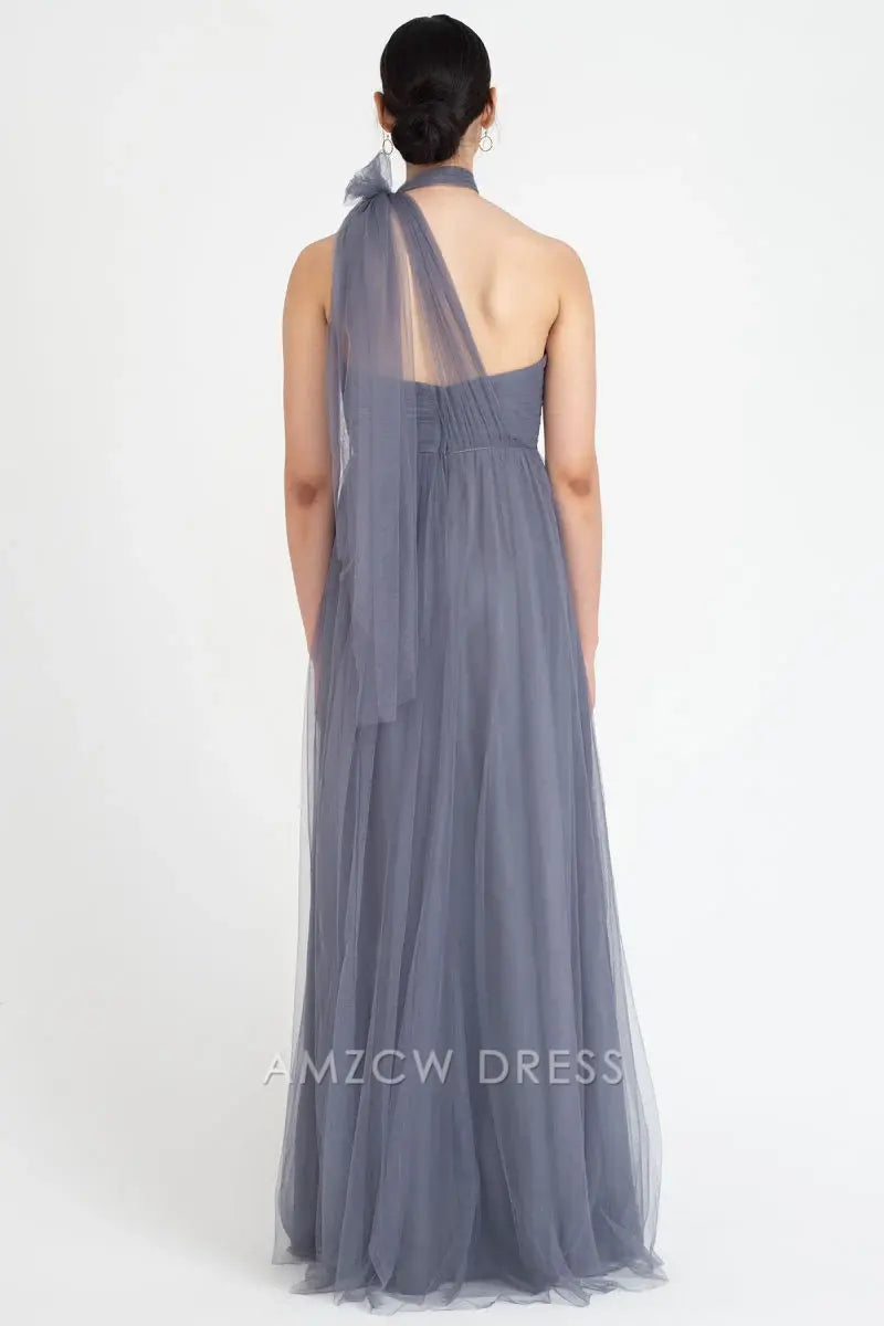 Amzcw - Elegante vestido de tul gris claro sin tirantes, escote corazón, cintura alta, vestido largo fluido, vestidos formales 