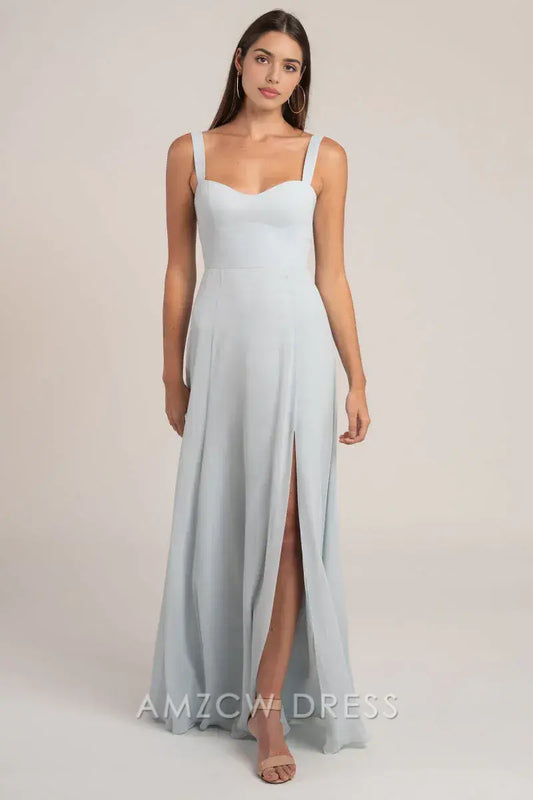 Vestido de noche largo Amzcw elegante gris claro con tirantes anchos, escote corazón y abertura alta, vestido formal de noche. 