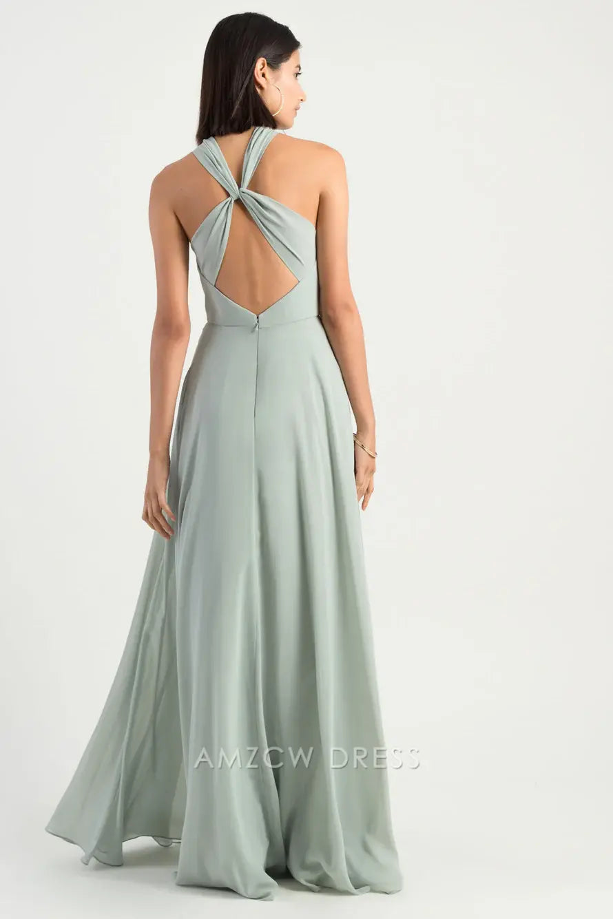 Vestido elegante de gasa color menta claro Amzcw con cuello halter, cintura alta, holgado y con lazo en el cuello. Vestidos formales. 