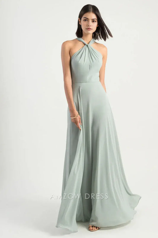 Vestido elegante de gasa color menta claro Amzcw con cuello halter, cintura alta, holgado y con lazo en el cuello. Vestidos formales. 