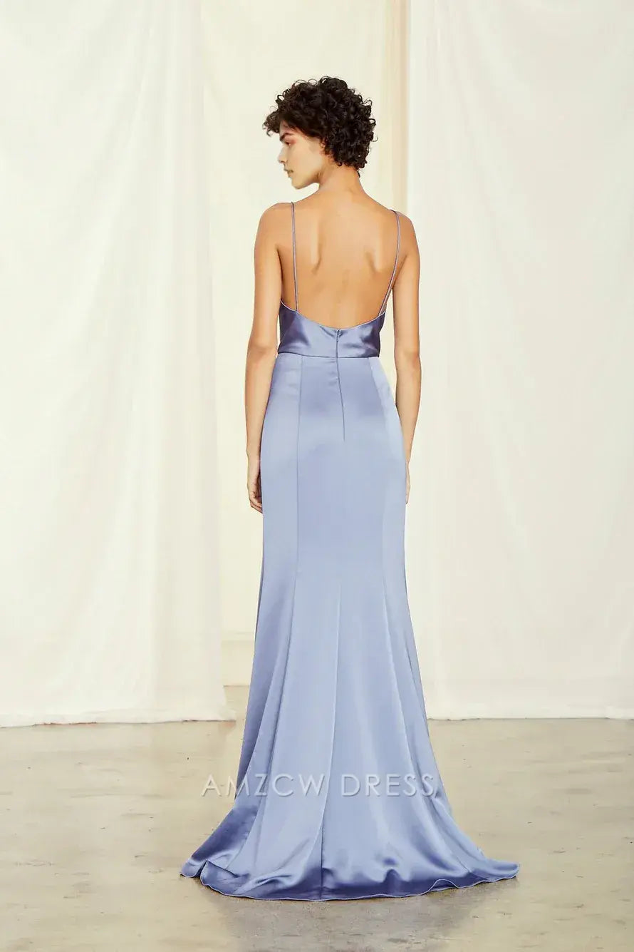 Vestido elegante de satén lila con cuello vuelto Amzcw, tirantes finos, abertura alta, ajustado, maxivestido formal. 