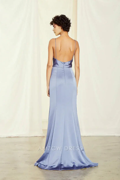 Vestido elegante de satén lila con cuello vuelto Amzcw, tirantes finos, abertura alta, ajustado, maxivestido formal. 