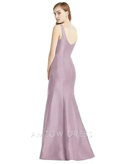Amzcw - Elegante vestido de satén lila con escote cuadrado y corte sirena, sin mangas y abertura alta. 
