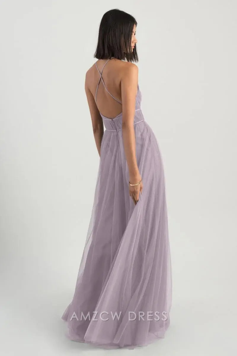 Amzcw - Elegante vestido de tul lila con cuello halter, cintura alta, fluido, maxivestido formal 