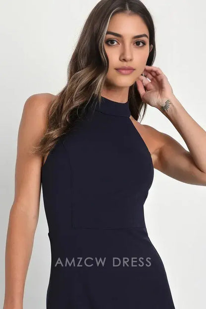 Vestido largo azul marino con volantes y cuello halter, elegante y majestuoso, de Amzcw.