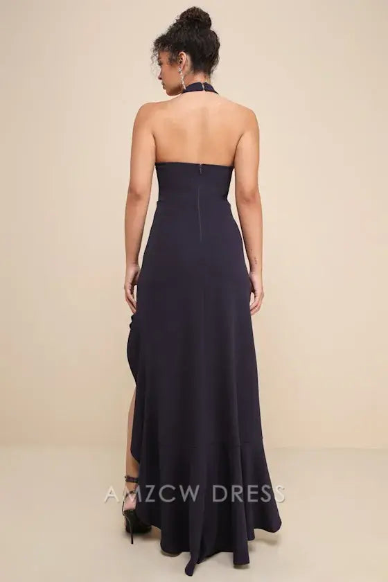 Vestido largo azul marino con volantes y cuello halter, elegante y majestuoso, de Amzcw.
