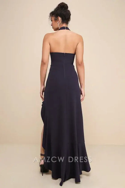 Vestido largo azul marino con volantes y cuello halter, elegante y majestuoso, de Amzcw.