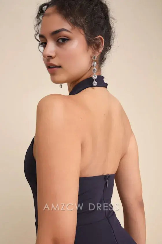 Vestido largo azul marino con volantes y cuello halter, elegante y majestuoso, de Amzcw.