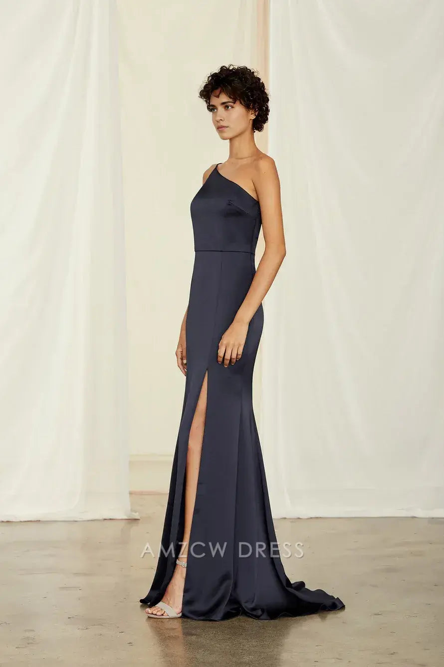 Elegante vestido de noche de satén Amzcw con un solo hombro y abertura lateral. 
