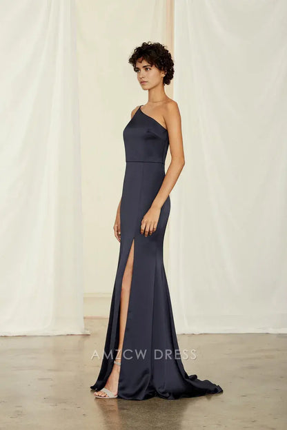 Elegante vestido de noche de satén Amzcw con un solo hombro y abertura lateral. 