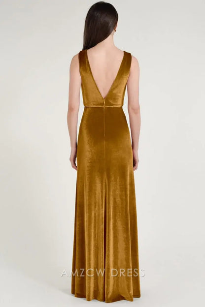 Vestido elegante de terciopelo mostaza Amzcw con escote en V profundo - Sin mangas, ajustado, maxi vestidos formales 