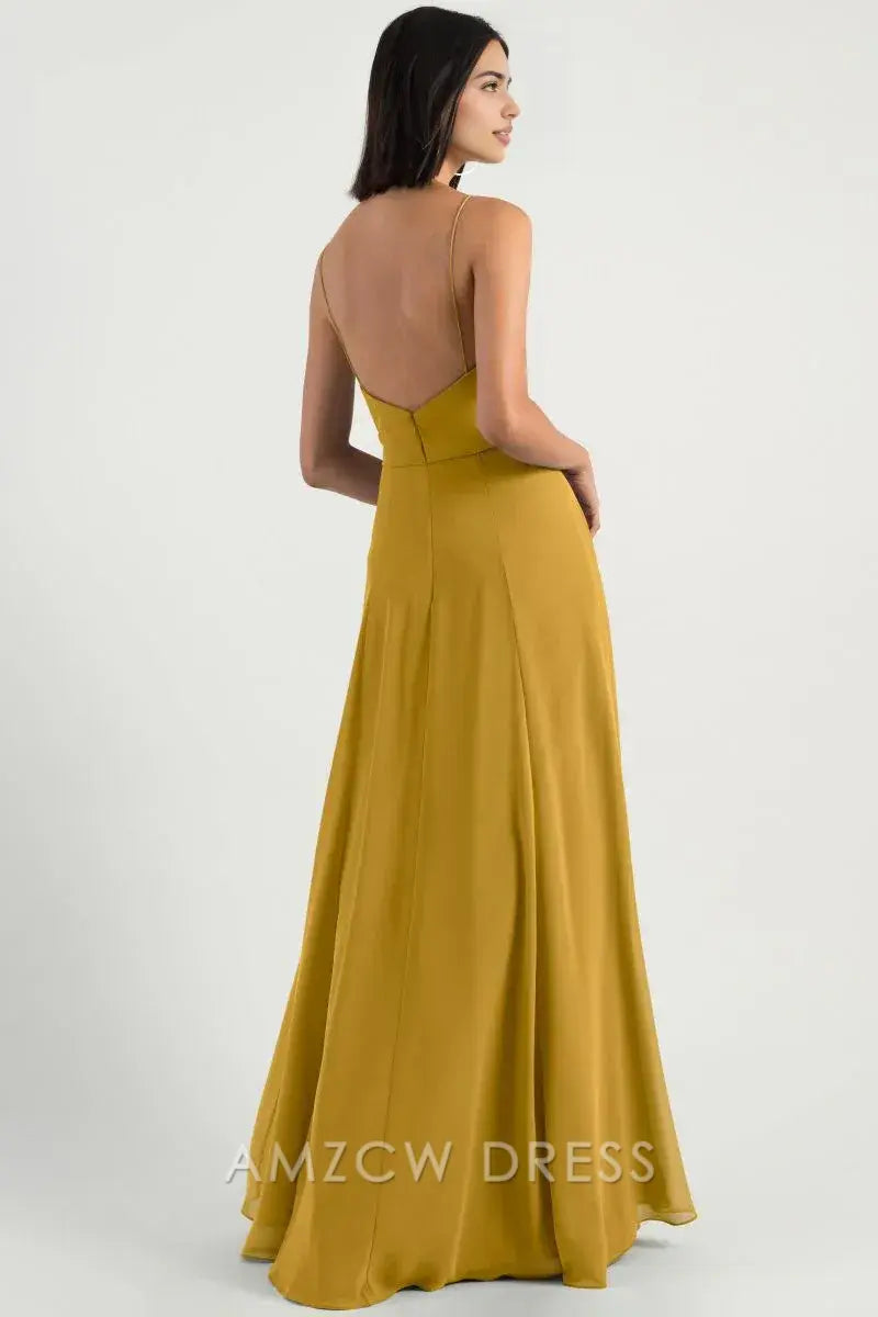 Vestido elegante de Amzcw con tirantes finos en amarillo mostaza, escote en V profundo, lazo en el cuello y abertura en la cintura. Vestido de noche largo. Vestidos formales. 