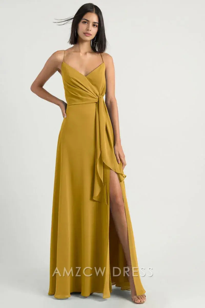 Vestido elegante de Amzcw con tirantes finos en amarillo mostaza, escote en V profundo, lazo en el cuello y abertura en la cintura. Vestido de noche largo. Vestidos formales. 