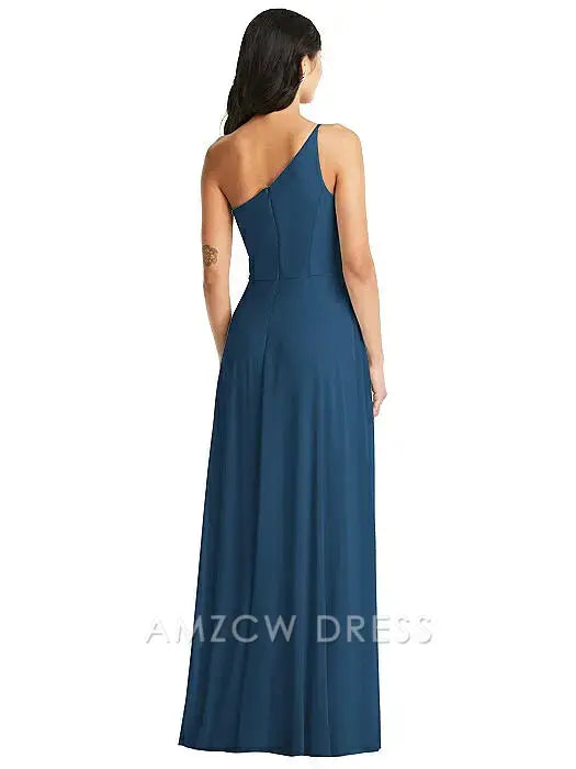 Vestido elegante azul marino Amzcw de un solo hombro con abertura alta de gasa, vestido de noche largo, vestidos formales 