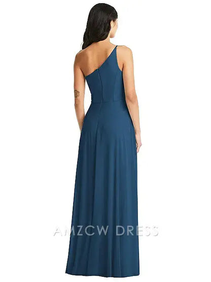 Vestido elegante azul marino Amzcw de un solo hombro con abertura alta de gasa, vestido de noche largo, vestidos formales 